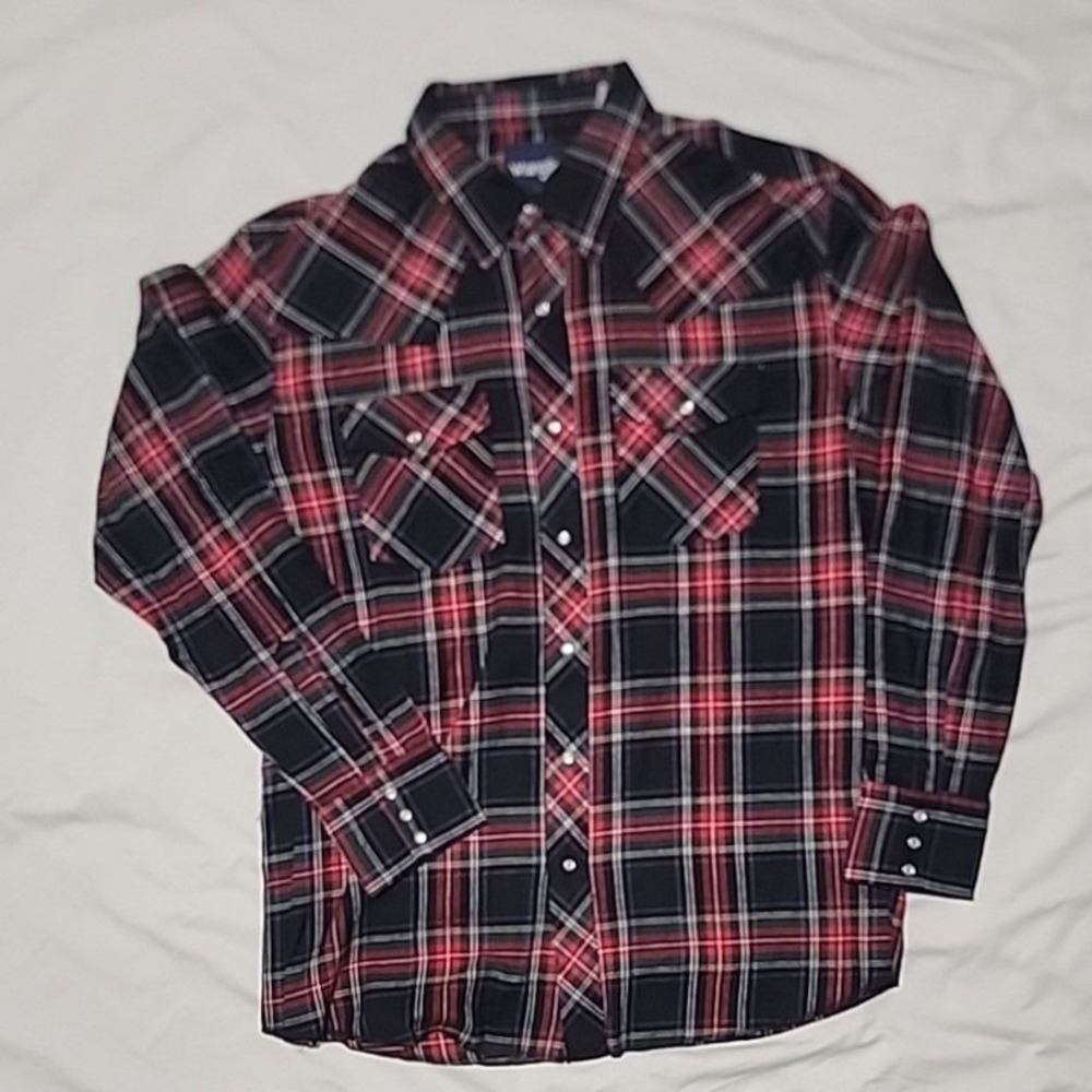 Wrangler Mens Red Black Plaid Western Pearl Snap Long Sleeve flannel Shirt XL